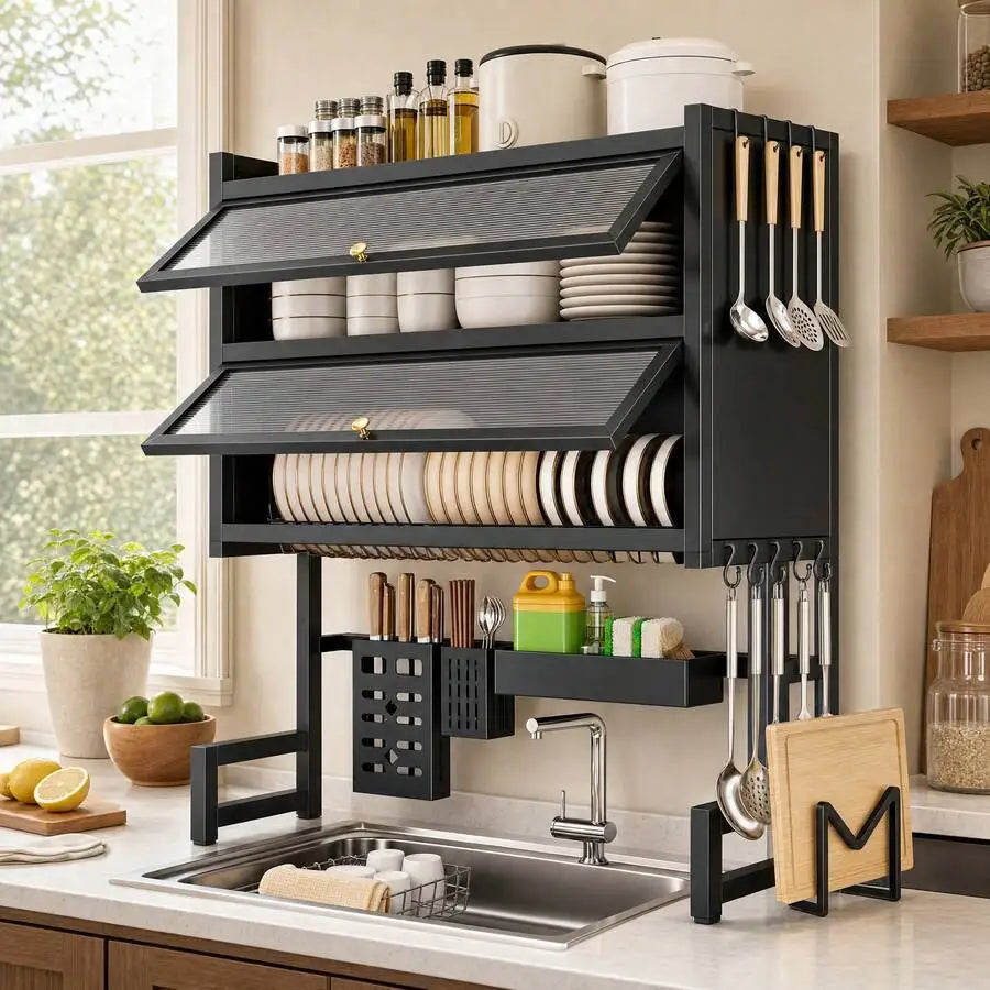 Over The Sink Dish Drying Rack,3 Tier Adjustable Length Full Stainless Steel Large Storage Kitchen Dish Rack,For Kitchen Counter Expandable Multifunctional Organizers