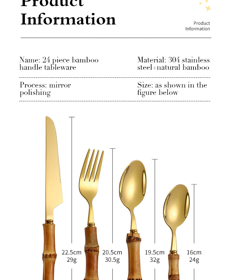 24Pcs Dinnerware Sets Original Nature Bamboo Handle Cutlery Stainless Steel Knife Fork Spoon Purely Natural Bamboo Tableware Set
