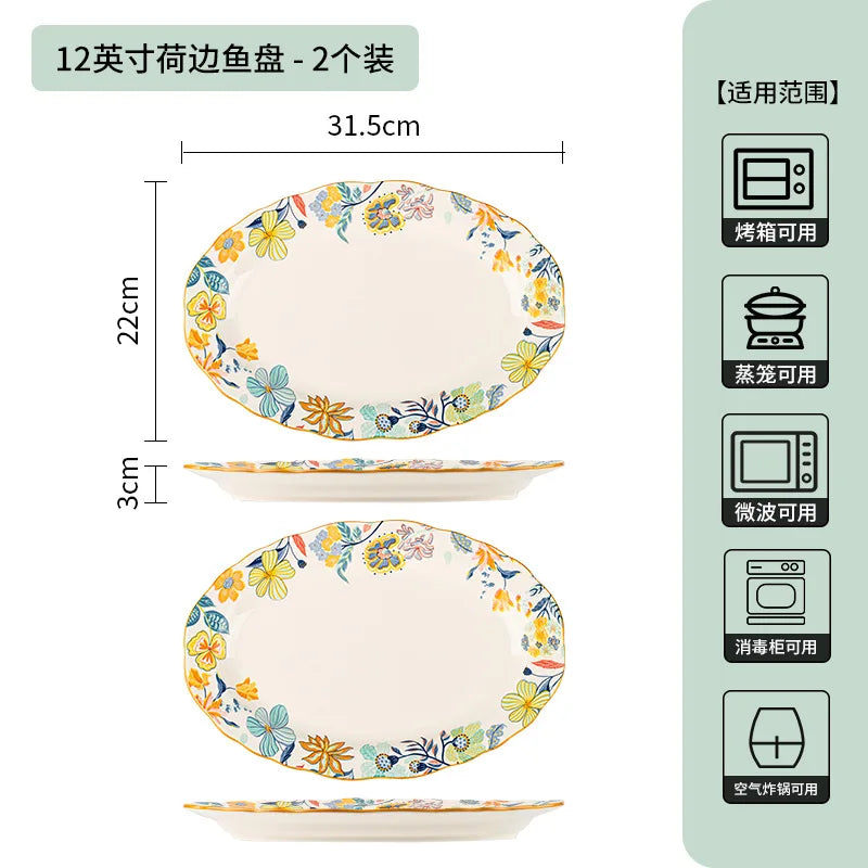 LingAo-Japanese Country Style Ceramic Tableware Set of Plates and Bowls with Underglaze Colors