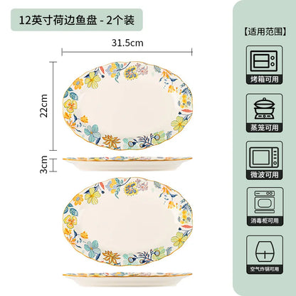 LingAo-Japanese Country Style Ceramic Tableware Set of Plates and Bowls with Underglaze Colors