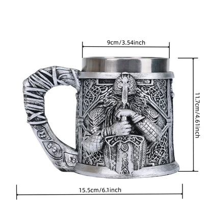 Viking Warrior Dragon Handle Beer Mug, Norse Rune Imitation Wood Resin Tankard with 304 Stainless Steel Liner