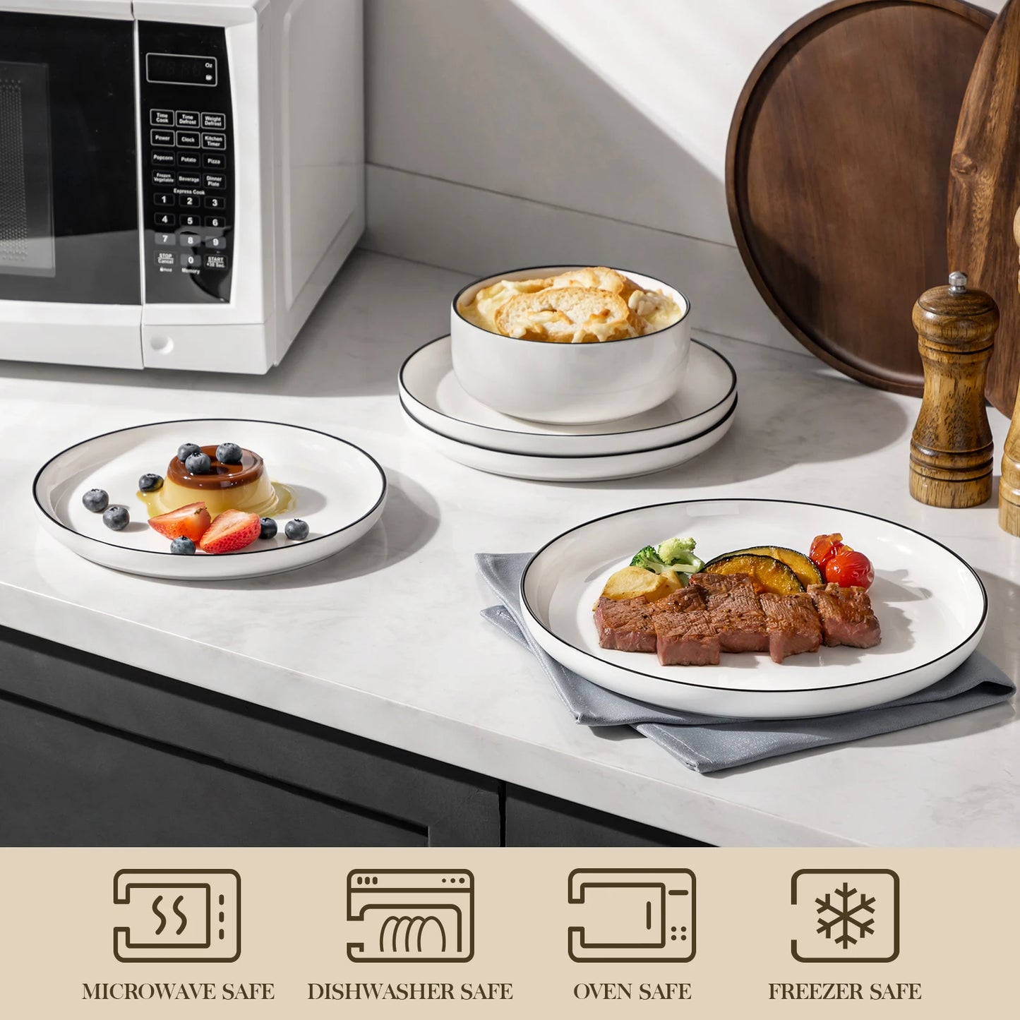 MALACASA 12/24 Piece Black Rim Ceramic Porcelain Dinnerware Set with 4/8 Pcs Dinner/Dessert Plates/Bowl Tableware Set for 4