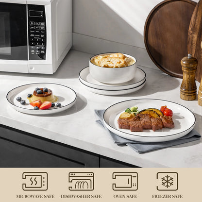 MALACASA 12/24 Piece Black Rim Ceramic Porcelain Dinnerware Set with 4/8 Pcs Dinner/Dessert Plates/Bowl Tableware Set for 4