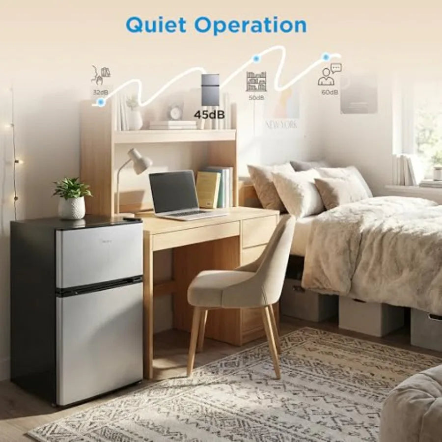 Compact 3.1 Cu Ft Mini Fridge with Freezer for Office/Dorm/Bedroom, Silver Steel, Energy Star Certified, Interior Light Adjusta
