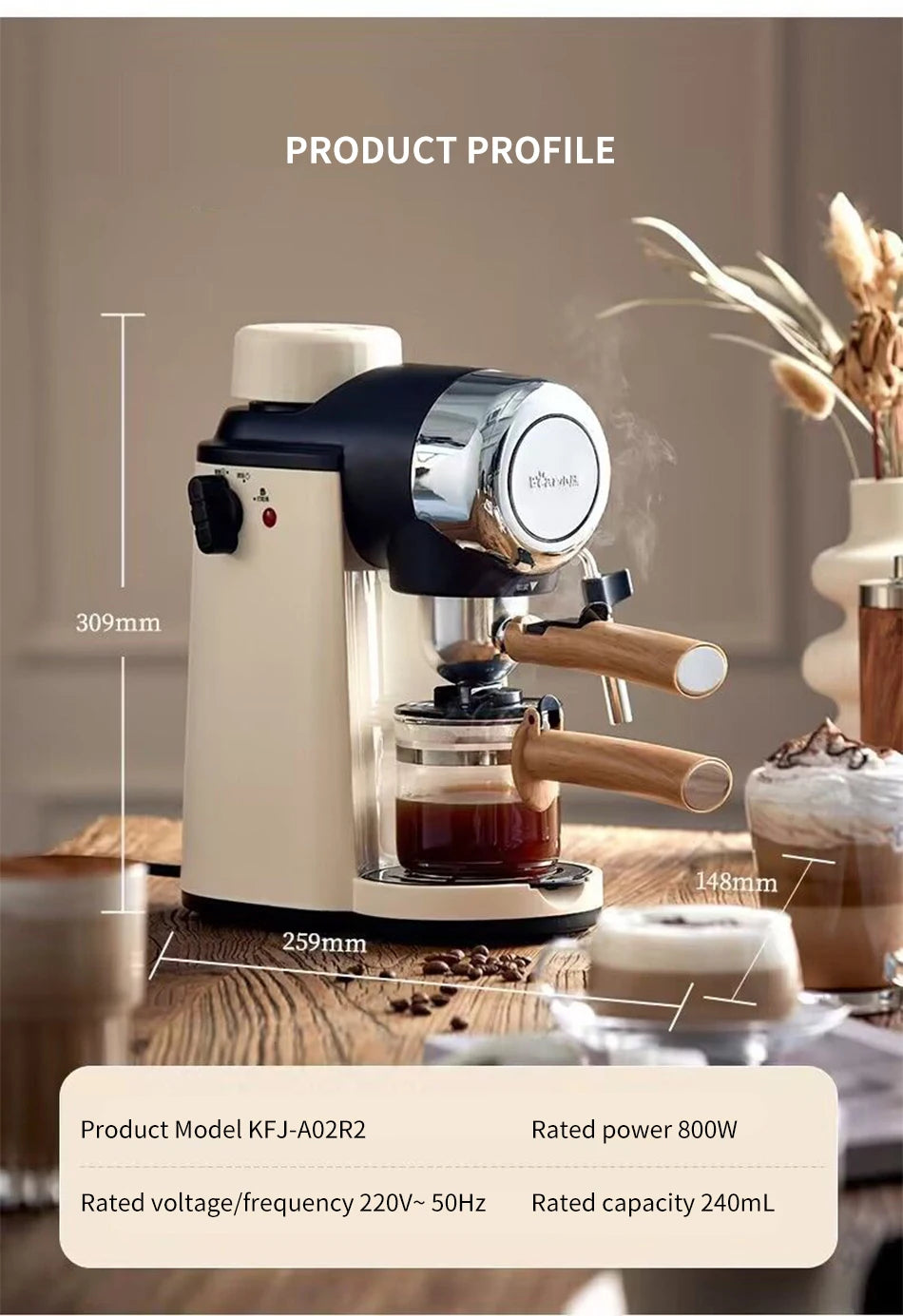 Espresso Coffee Machine with Steam Milk Frother, Semi-Automatic Coffee Maker 240ml 800W for Home Cappuccino Latte