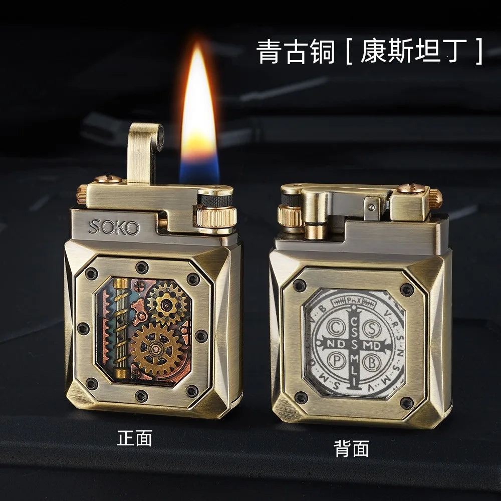 2026 Mechanical Style Press Open Cover Open Flame Kerosine Lighter Zinc Alloy Double sided Pattern Visual Oil Tank Lighters Gift