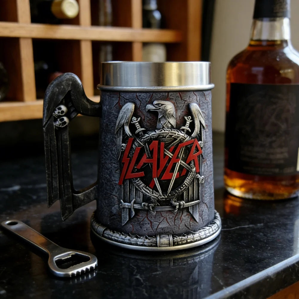 Slayer Tankard Eagle Emblem Mug Resin Outer Stainless Steel Liner Gothic Skull Handle Thrash Metal Band Fan Collectible Gift