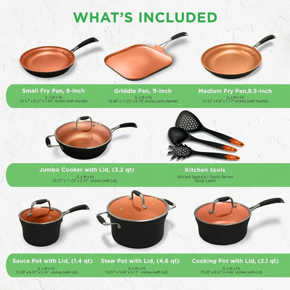 14Piece Nonstick Kitchen Cookware Set for Home Cooking and Professional Use PFOA PFOSFree Copper and HardAnodized Construction
