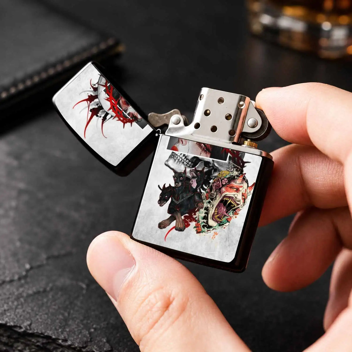 Trendy Dark Art Style Portable Accessory, Unique Piece Integrated Thorns Skull Cerberus Hannya Elements, Versatile For All Scenarios, Creative Gift Choice, Aesthetic Ornament For Daily Use Personal Display Art A Humorous And