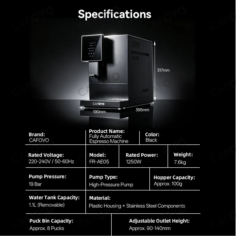 CAFOVO AE05 Fully Automatic Espresso Machine 19Bar Pump One-Touch Americano Cappuccino Latte Coffee Machine for Home 220V
