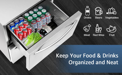 HCK 24 Inch Under Counter Double Drawer Fridge, Stainless Steel Outdoor Beverage Refrigerator for Patio, Built-in Beverage Fridg