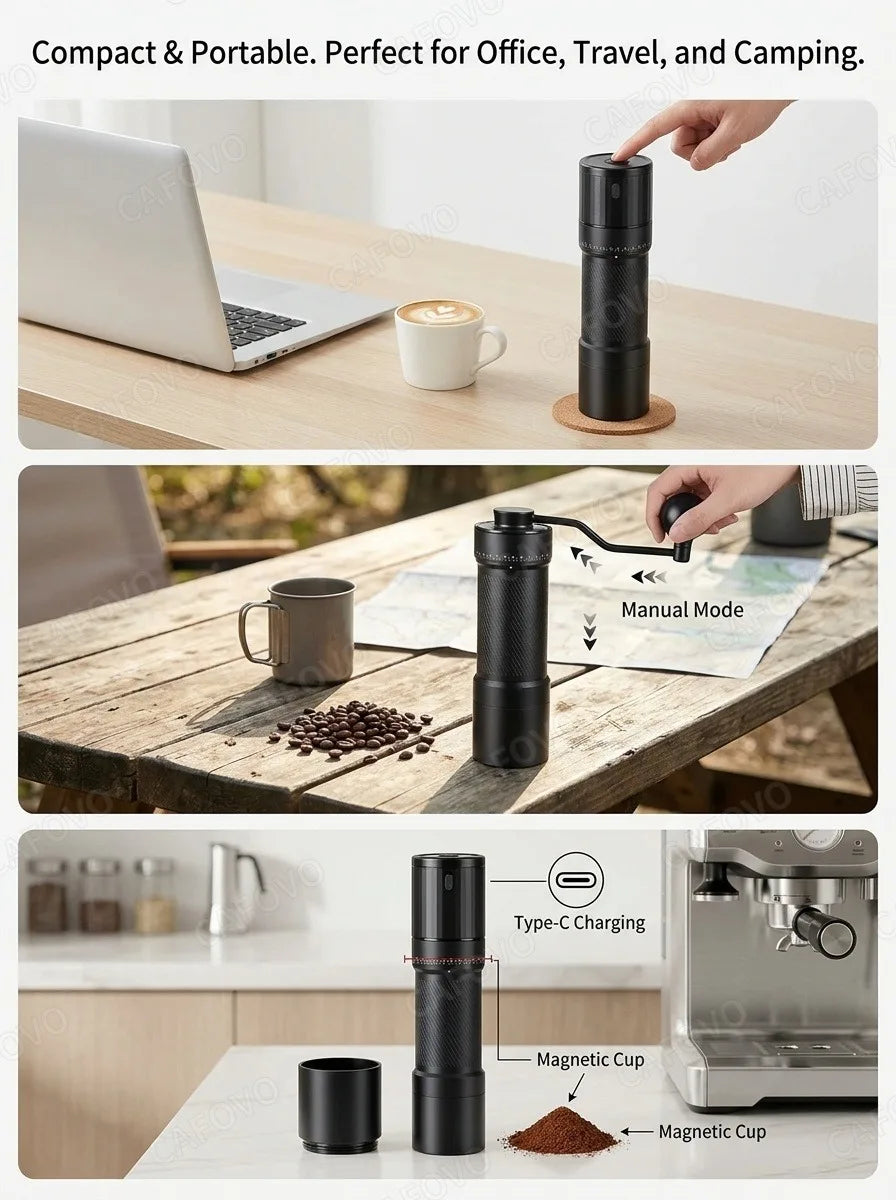CAFOVO MG138C Coffee Grinder Electric & Manual Set 10-Star Titanium Plating Conical Burr 60-Step Precision for Espresso Travel