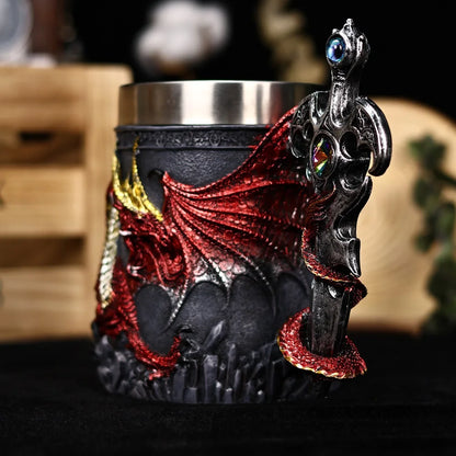 Medieval Dragon Sword Coffee Mug Stainless Steel Resin Insert Beer Mugs Steins Tankard Dragon Themed Party Decor Friends Gift