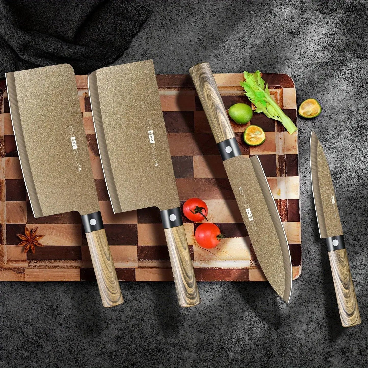 4-piece Commercial wood grain Titanium kitchen knife set, sharp meat cutter, multi-purpose slslice knife, chef BBQ knife se