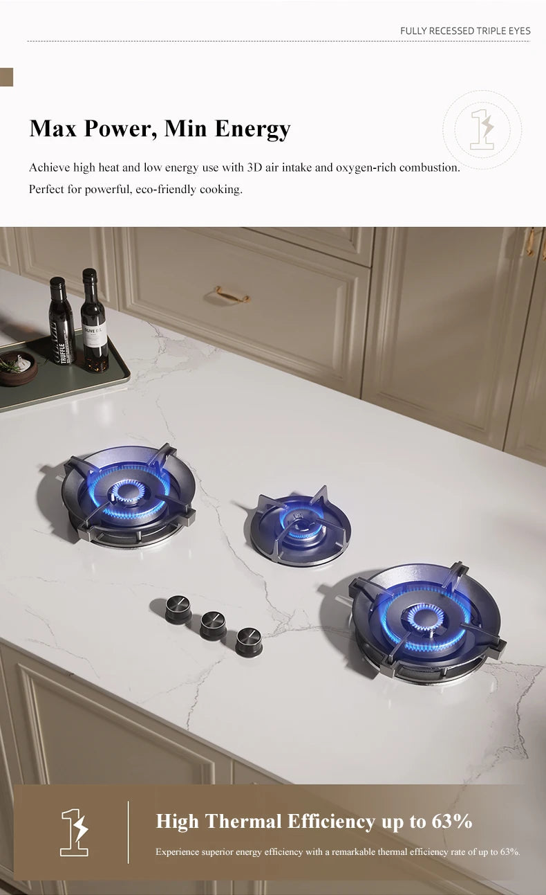 Premium Built-in Gas Cooktop 3-Burner 5.2KW Copper Flame Failure Protection Panel-Ready for Custom Kitchen
