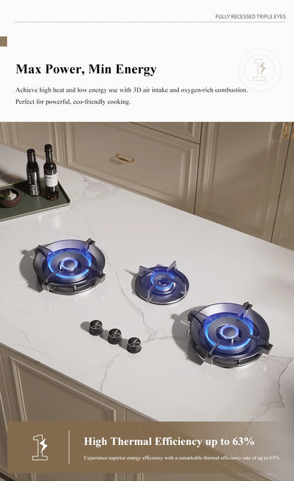 Premium Built-in Gas Cooktop 3-Burner 5.2KW Copper Flame Failure Protection Panel-Ready for Custom Kitchen