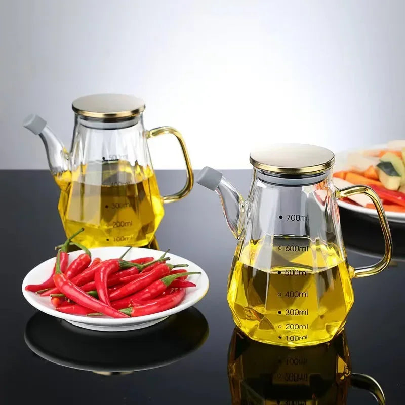 JUSTINLAU Glass Oil Pots 500/700/900ml Leak Proof Diamond Oil Bottle with Scale/Lid Kitchen Soy Sauce Vinegar Condiment Storage