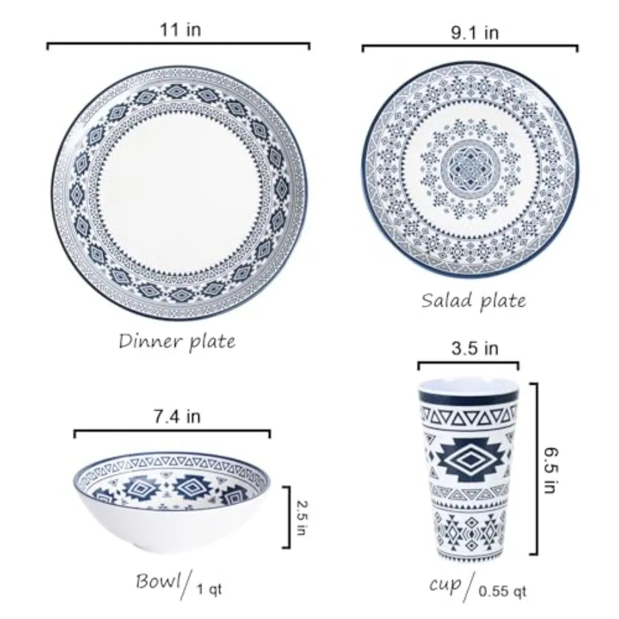 Melamine Dinnerware Set for 4-16 Pcs:Camping Dishes Set with Dinner PlatesSalad Plates Bowls and Cups.Lightweight and Unbreakab