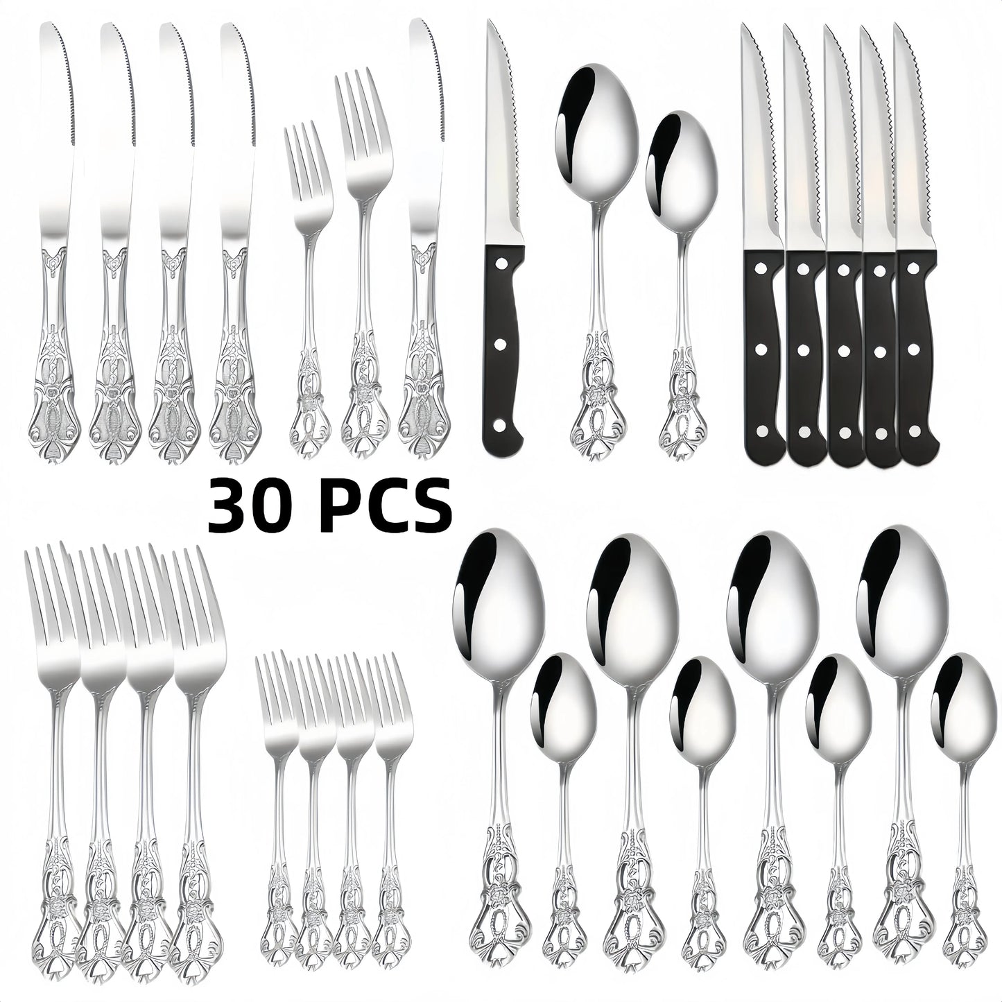 30 piece cutlery set - Western utensils knife, fork, spoon (including sharp steak knife) - for home, hotel, and restaurant use