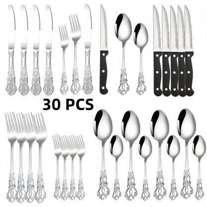 30 piece cutlery set - Western utensils knife, fork, spoon (including sharp steak knife) - for home, hotel, and restaurant use