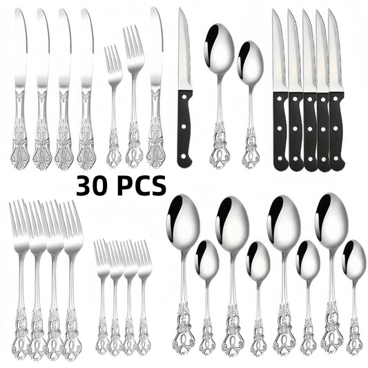 30 piece cutlery set - Western utensils knife, fork, spoon (including sharp steak knife) - for home, hotel, and restaurant use
