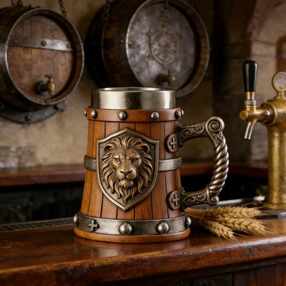 Medieval Lion Head Beer Mug Retro Wooden Look Tankard 304 Stainless Steel Inner Cup Vintage Gothic Stein Cup Gift for Men Father