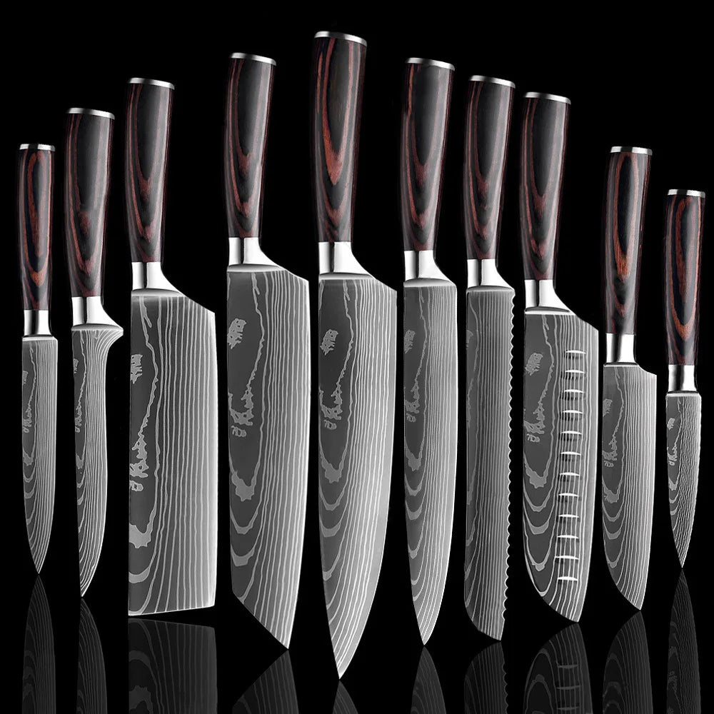 Japanese Santoku Knife 10pcs Damascus Pattern Knives Set Chef's Knife Boning Knife Meat Cleaver Vegetable Slicing Knives