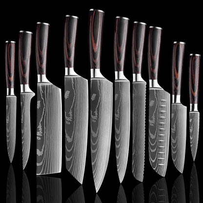 Japanese Santoku Knife 10pcs Damascus Pattern Knives Set Chef's Knife Boning Knife Meat Cleaver Vegetable Slicing Knives