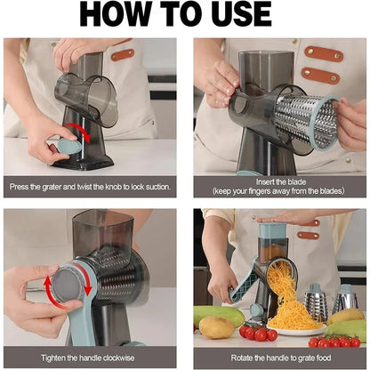 Vegetable Cutter & Slicer Manual Kitchen Cheese Chopper Machine With 3 Sharp Drums Multifunctional Garlic Potato Shredder