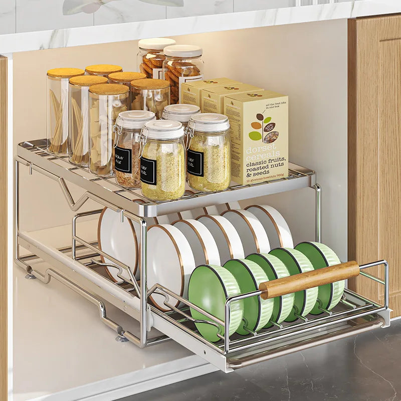 Pull-Out Under Kitchen Sink Organizer Dish Plate Drying Rack, Cabinet Layered Shelf, Pull-Out Basket for Spice Tableware Storage