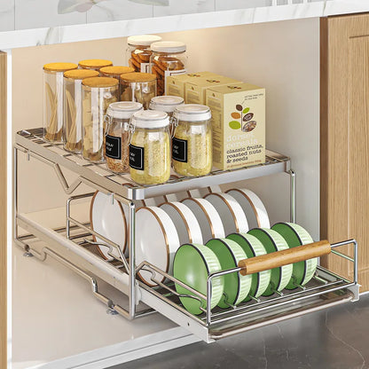 Pull-Out Under Kitchen Sink Organizer Dish Plate Drying Rack, Cabinet Layered Shelf, Pull-Out Basket for Spice Tableware Storage