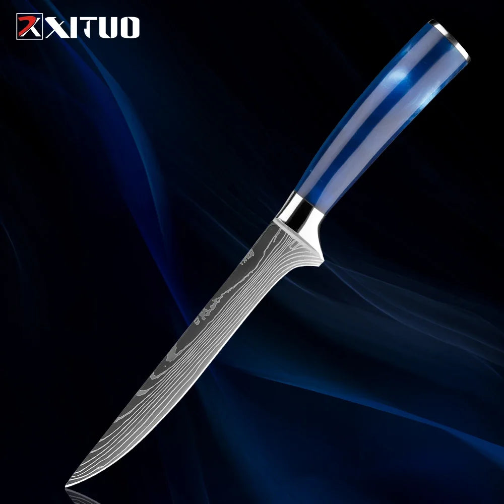 Stainless Steel Chef Knife Kitchen Knife Set 1-8Piece Razor-Sharp Paring Knife, Boning Knife, Santoku Knife, Blue Resin Handle
