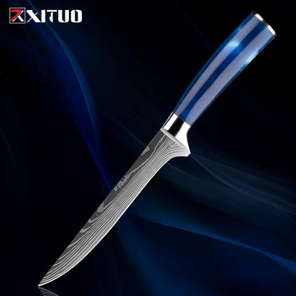 Stainless Steel Chef Knife Kitchen Knife Set 1-8Piece Razor-Sharp Paring Knife, Boning Knife, Santoku Knife, Blue Resin Handle