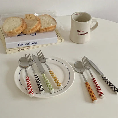3pcs Stainless Steel Ceramics Handle Cutlery Set Dinnerware Clamp Western Tableware Knife Fork Tea Spoon