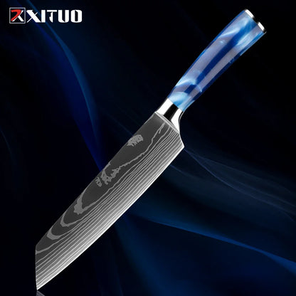 Stainless Steel Chef Knife Kitchen Knife Set 1-8Piece Razor-Sharp Paring Knife, Boning Knife, Santoku Knife, Blue Resin Handle