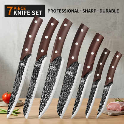 Premium 7Pcs Chef Knife Set Forged Kitchen Knives Wenge Wood Handle High Carbon Stainless Steel Full Tang ForHome Cooking&BBQ