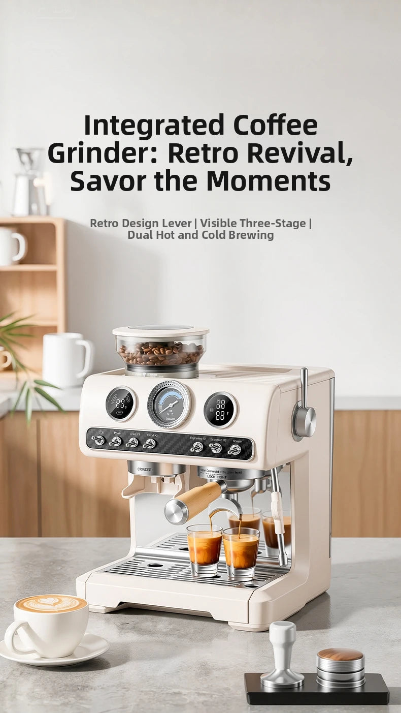Semi-Automatic Espresso Coffee Machine, Dual Pump Cold & Hot Brew, Built-in Grinder, High Pressure 20 Bar, Compact Home Espresso