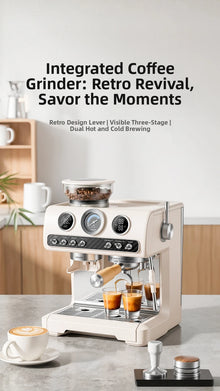 Semi-Automatic Espresso Coffee Machine, Dual Pump Cold & Hot Brew, Built-in Grinder, High Pressure 20 Bar, Compact Home Espresso