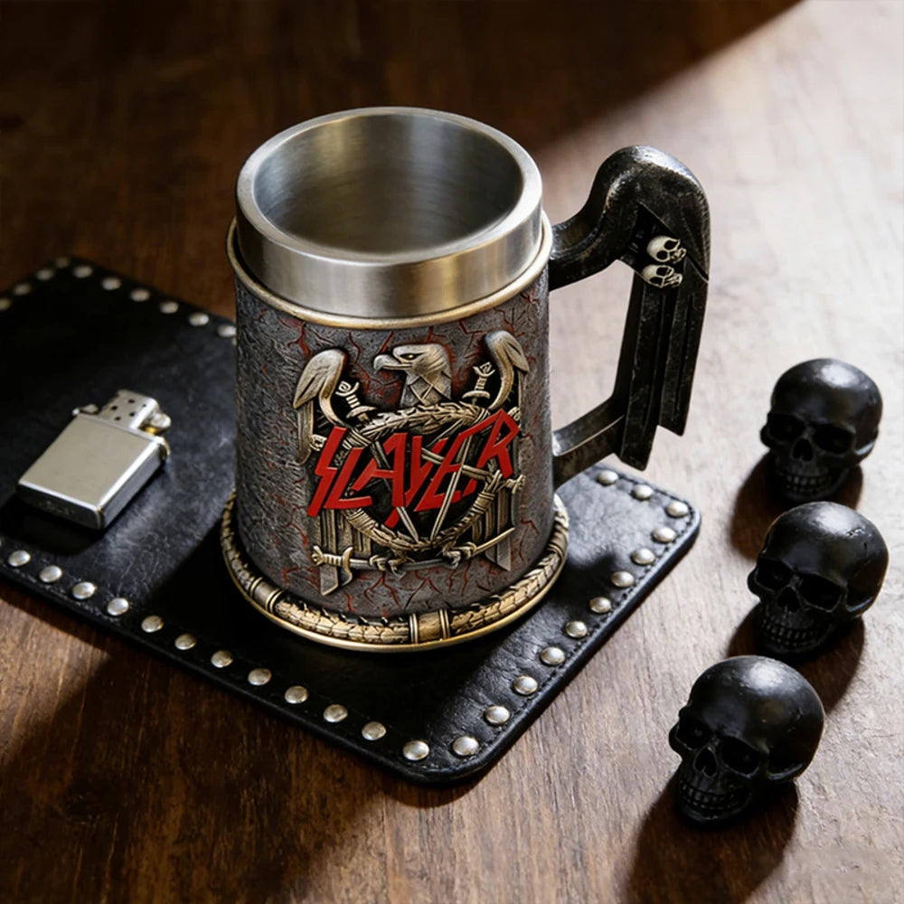 Slayer Tankard Eagle Emblem Mug Resin Outer Stainless Steel Liner Gothic Skull Handle Thrash Metal Band Fan Collectible Gift