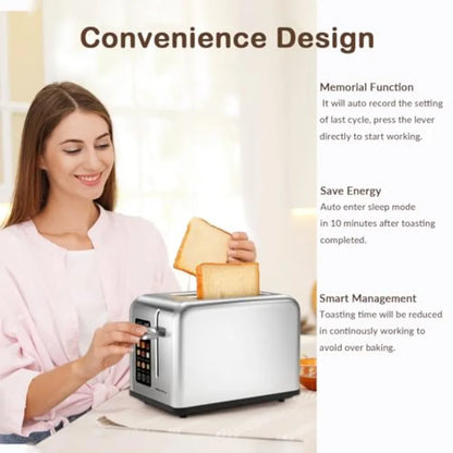 2 Slice Toaster Touch Screen 1.5" Wide Slot Smart Bread Toaster for Bagel Muffin Waffle Gluten Free Breads Timer Defrost Reheat