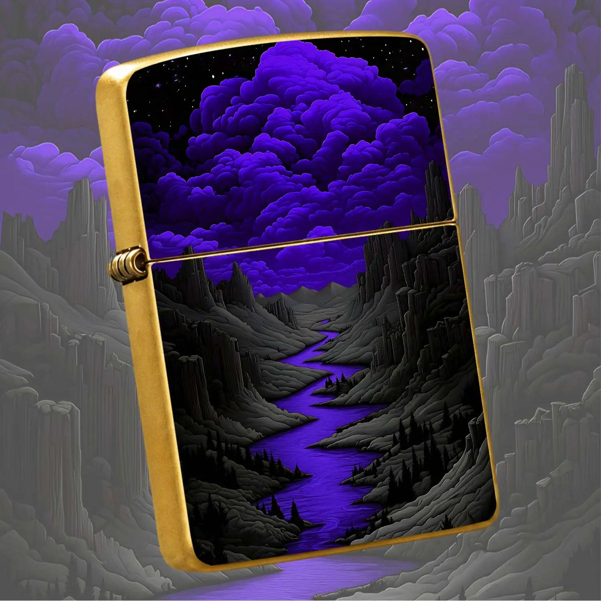 Mysterious Purple Nightriver Landscape Lighter, Starry Cloud Valley Scenic Portable Igniter, Stylish Decor For Outdoor Camping Daily Commute, Unique Exquisite Gift For Scenery Lovers, Artistic Aesthetic Collectible Acce A Hum