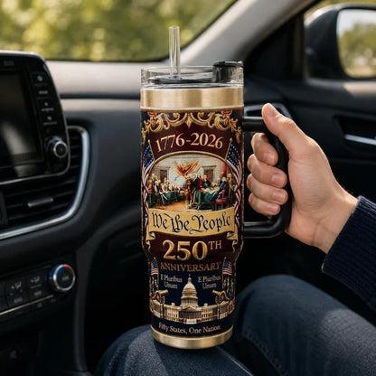 Patriotic US 250th Anniversary Travel Tumbler Stainless Steel Cup With Handle Lid Straw Commemorative Holiday Souvenir