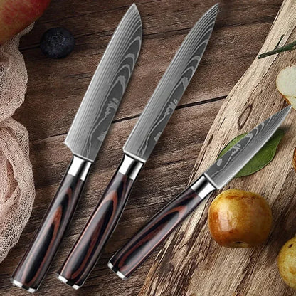 WXCOO 1~3 Pcs Knife Kitchen Utility Damascus Laser Santoku Japanese Chef Cleaver Slicing Wooden Handle Kitchen Accessories
