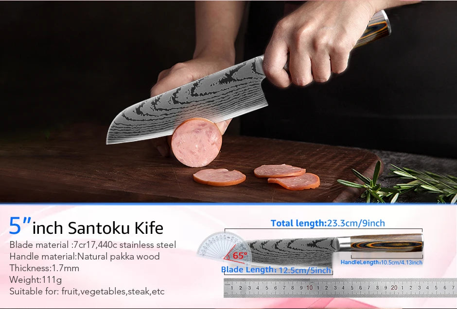 Kitchen Knife Set Professional Chef Knife 7CR17 Germany Stainless Steel Damascus Laser Meat Cleaver Slicing Santoku Cutter Tools