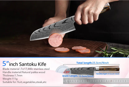 Kitchen Knife Set Professional Chef Knife 7CR17 Germany Stainless Steel Damascus Laser Meat Cleaver Slicing Santoku Cutter Tools