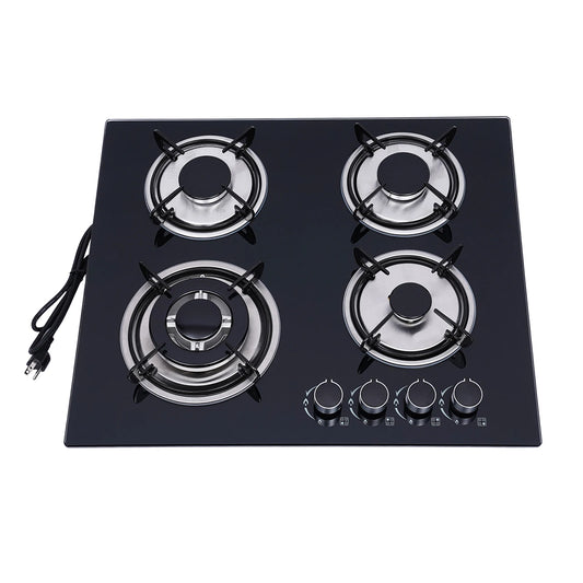 4 Burners LPG Gas Cooktop Black Tempered Glass Panel Cast Iron Stainless Steel Construction Polishing Process Built In Installation US Standard Plug 110V 2800Pa Working Pressure Four Multi Power Burners Household Commercial G