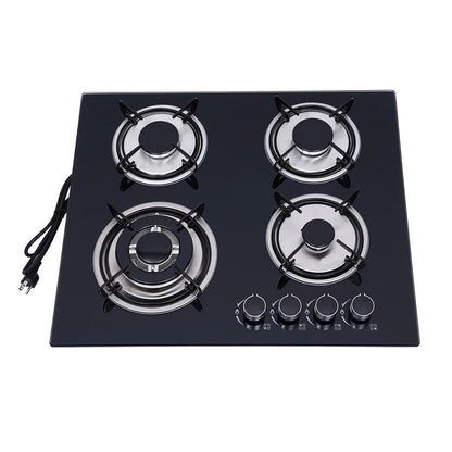 4 Burners LPG Gas Cooktop Black Tempered Glass Panel Cast Iron Stainless Steel Construction Polishing Process Built In Installation US Standard Plug 110V 2800Pa Working Pressure Four Multi Power Burners Household Commercial G