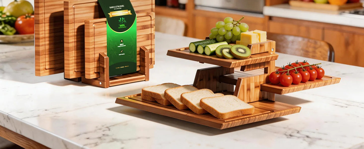 Bamboo Cutting Board Set With Stand, 3PCS Double-Sided Chopping Boards For Kitchen Meal Prep & Serving, Charcuterie, Juice Groov