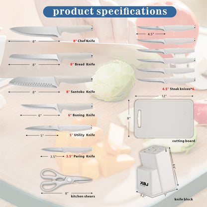 15PCS Kitchen Knife Set with Block & Sharpener, Stainless Steel Knives, Dishwasher Safe, Rust Resistant, Ergonomic Handle