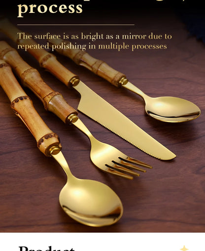 24Pcs Dinnerware Sets Original Nature Bamboo Handle Cutlery Stainless Steel Knife Fork Spoon Purely Natural Bamboo Tableware Set